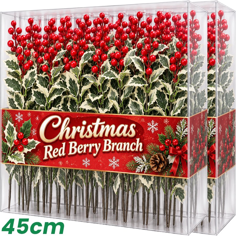 Christmas Wreath Fake - 45cmの人工的な赤いベリーの植物オーナメント。クリスマスツリーの飾りや、冬のDIY用リースなどに使える人工のクリスマスツリーの枝と、それに付く赤いベリー。