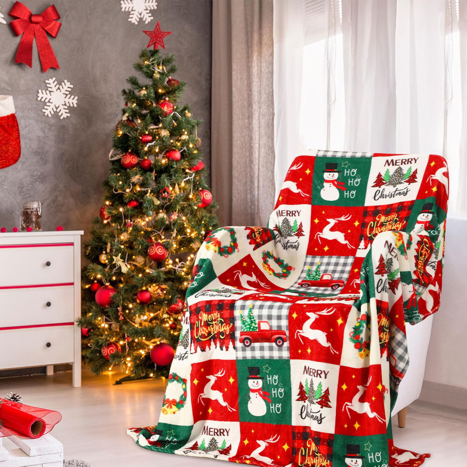 Christmas Throw Blanket - クリスマス赤緑格子柄雪だるまスローケット | グリーンホリデークリスマスブランケット | 柔らかく、ふかふかで、暖かい冬のキャビン用スローケット