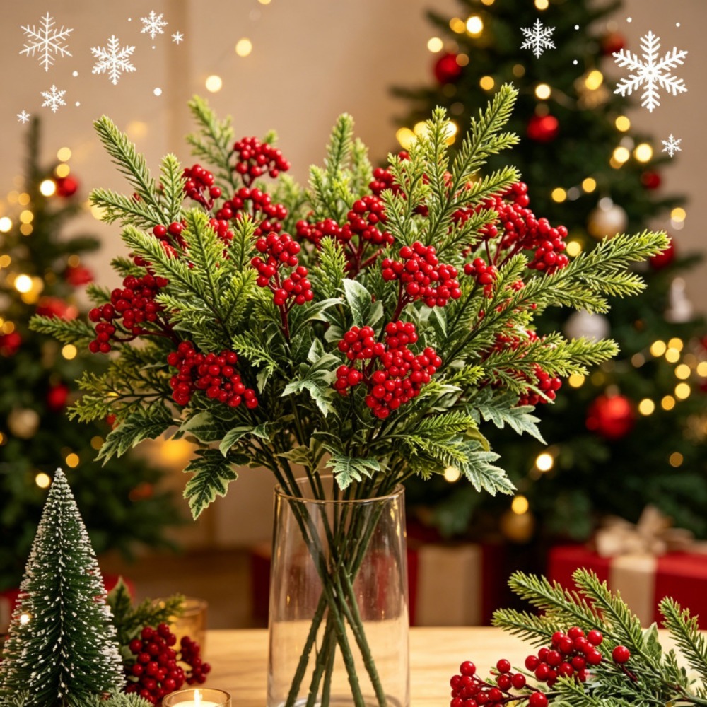 Christmas Tree Artificial - 人工クリスマスグリーン植物、赤いベリー付きのフェイクパインユーカリ、クリスマスのテーブル、マントルピース、壁、ホリデーホームパーティーの装飾に。