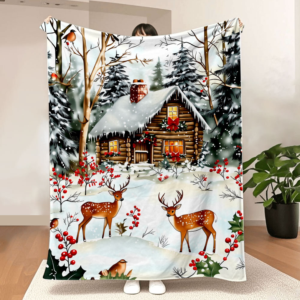 Christmas Throw Blanket - ウィンターキャビンクリスマスブランケット - 雪に覆われたログキャビン、赤い煙突、お祭りのヒイラギ、斑点のある鹿が描かれた居心地の良いプリントスロー、Perf