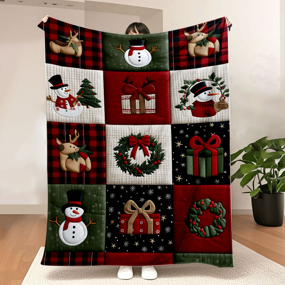 Christmas Throw Blanket - クリスマスキルトパッチワークブランケット - お祭りの雰囲気のあるトナカイ、雪だるま、ギフトボックス、ホーリーリース（赤、緑、黒、白）；柔らかく心地よい