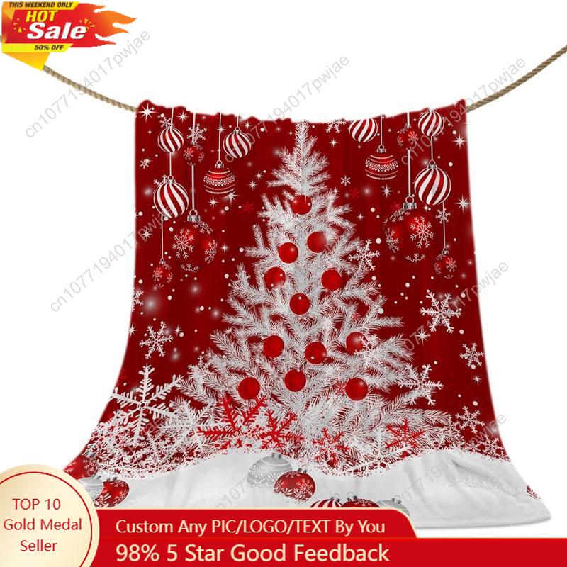 Christmas Throw Blanket - 赤いクリスマススローブランケット、白いクリスマスツリー、雪の結晶、赤いボール、柔らかいフリースブランケット、家の装飾用、カスタムブランケット
