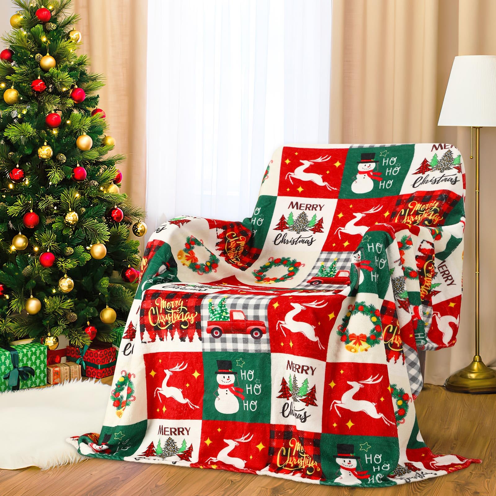 クリスマス赤緑格子柄雪だるまスローケット |   グリーンホ - Christmas Throw Blanket のレビューと価格
