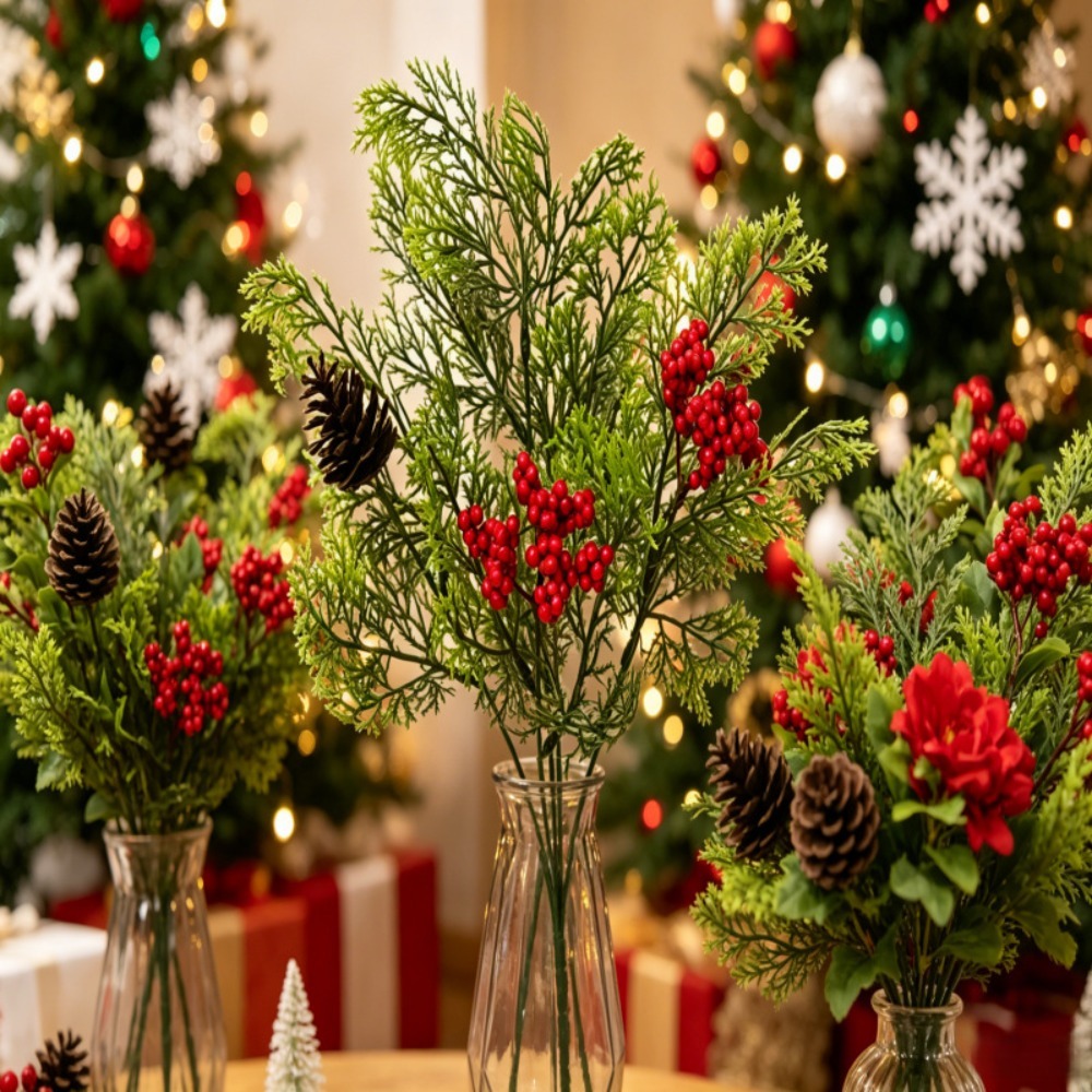 人工クリスマスグリーン植物、赤いベリー付きのフェイクパインユ - Christmas Tree Artificial のレビューと価格