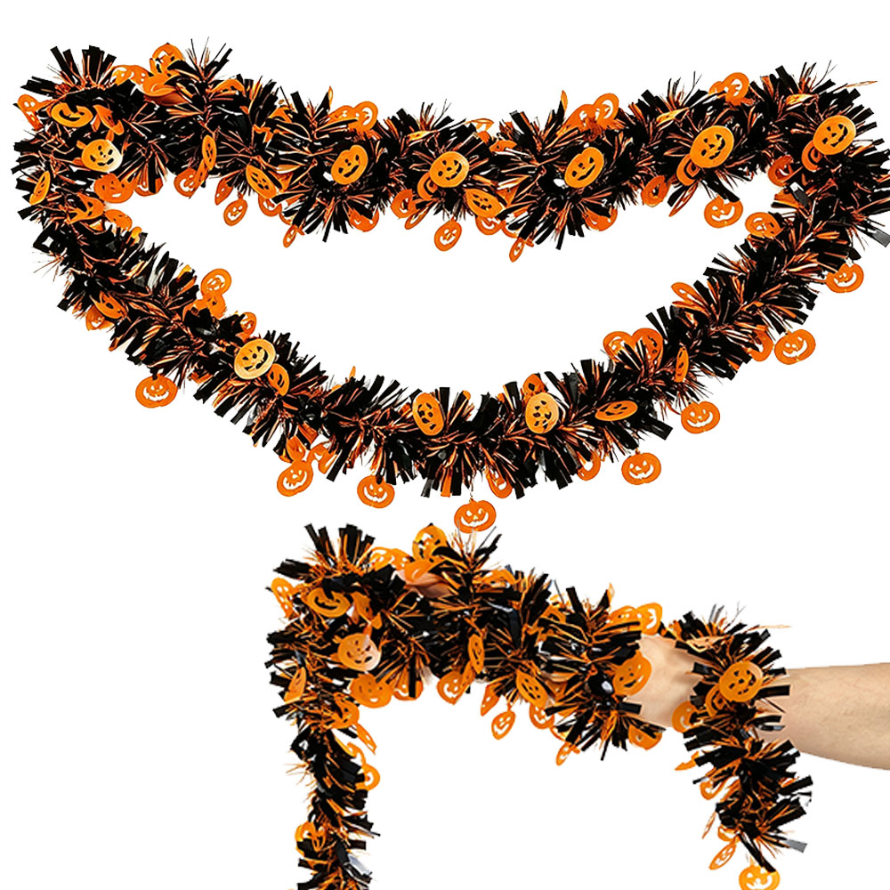 ハロウィン用2mのティンセルガーランド、カボチャ、紫のコウモ - Tinsel Garland Decoration のレビューと価格