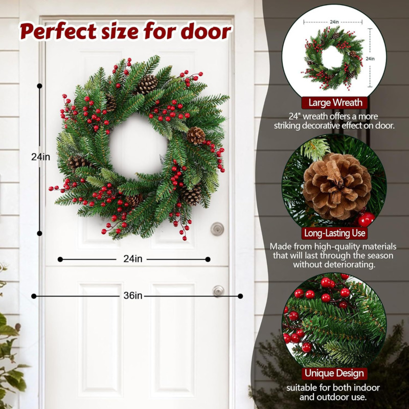 50cmの人工クリスマスリース、造花の松の葉と赤い実、松ぼっ - Christmas Wreath Fake のレビューと価格