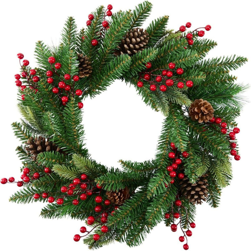 50cmの人工クリスマスリース、造花の松の葉と赤い実、松ぼっ - Christmas Wreath Fake のレビューと価格