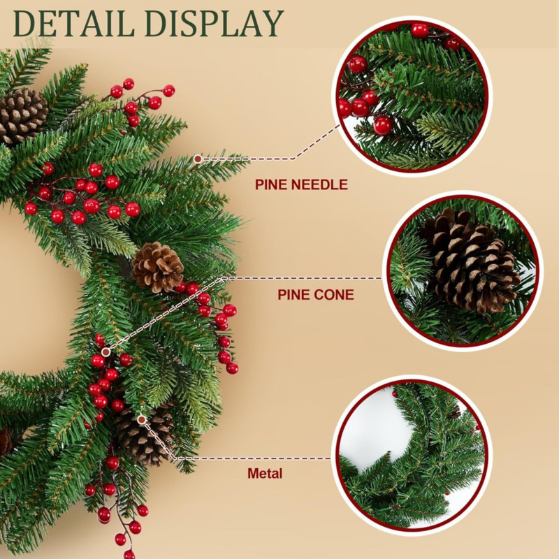 50cmの人工クリスマスリース、造花の松の葉と赤い実、松ぼっ - Christmas Wreath Fake のレビューと価格