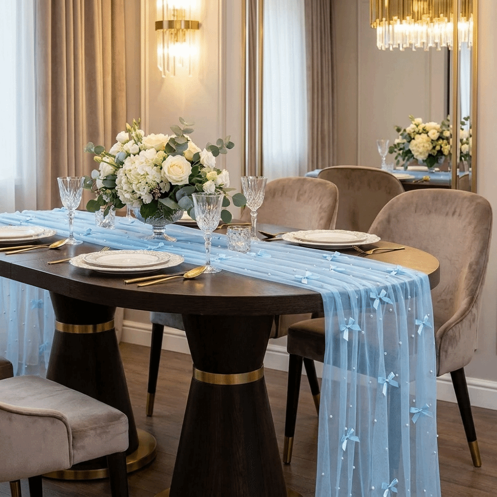 ロマンチックなボウパールシフォンランナー、半透明ポリエステル - Christmas Table Runner のレビューと価格